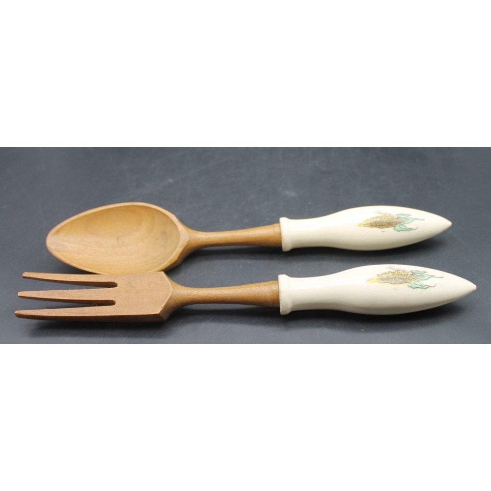 Vintage Wooden Salad Serving Set Spoon Fork Ceramic Corn Handles 10"